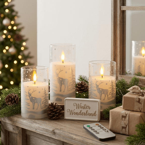 Goyuon Flameless Candles Reindeer Snowflake Design Battery Operated LED Flickering with Remote and Timer 3 Pack D3" x H4" 5" 6"