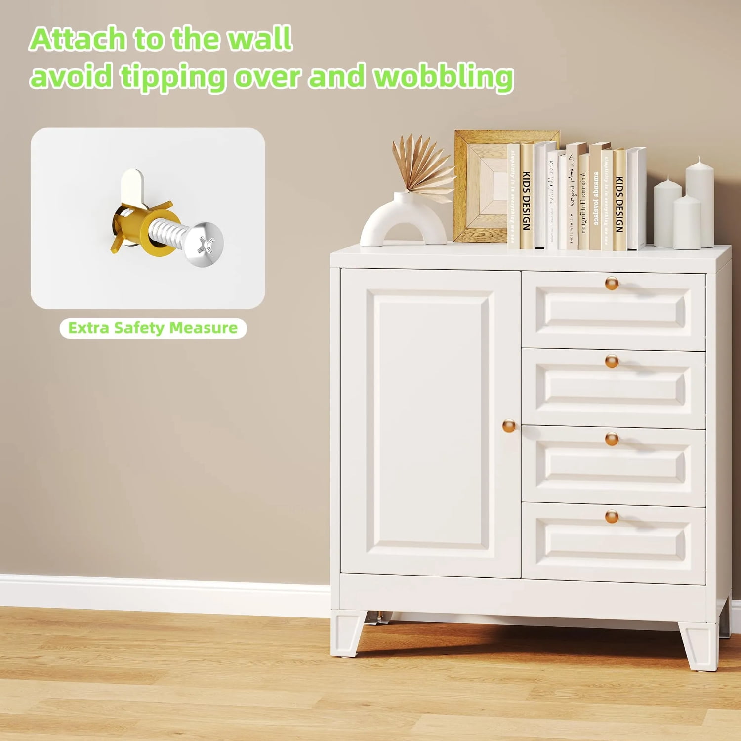 Bathroom Floor Cabinet, Wooden Storage Organizer with 4 Drawers & 1 Door, Free-Standing Cupboard for Bathroom & Kitchen, White