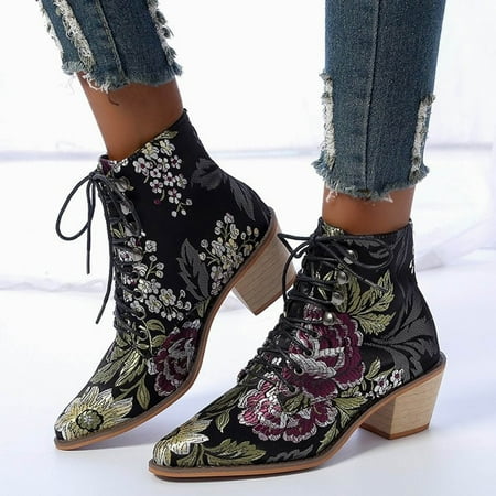 

Women s Floral Ankle Heel Boots Heel Fashion Print Laceup Women s Boots Winter Boots for Women Wide Dark Boots for Women Women Boots Size 8 Womens Boots with Heel Size 7 Women s Flat Boots