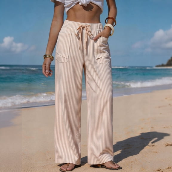Womens Palazzo Pants 2026 Summer Striped Wide Leg Trousers Elastic Waist Flowy Lounge Pant with Pockets Beige L