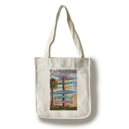 Southern California Beaches - Destinations Sign - Lantern Press Artwork (100% Cotton Tote Bag - (Best Beaches For Kids In Southern California)