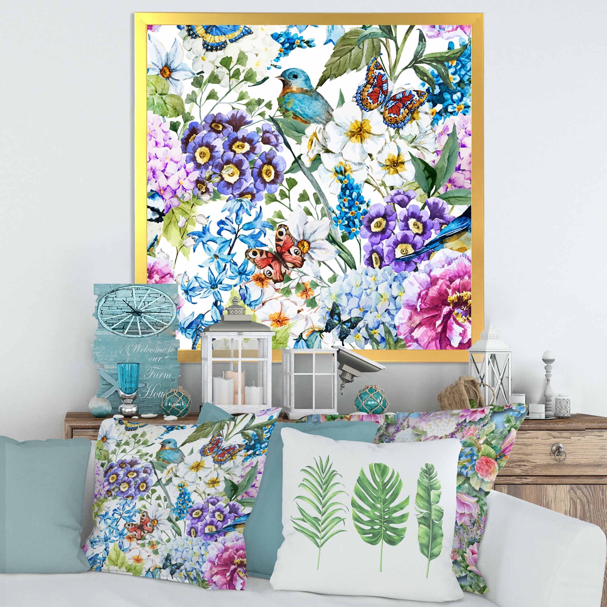 Wildflowers and Vibrant Wild Spring Leaves XII 30 in x 30 in Framed Painting Canvas Art Print, by Designart