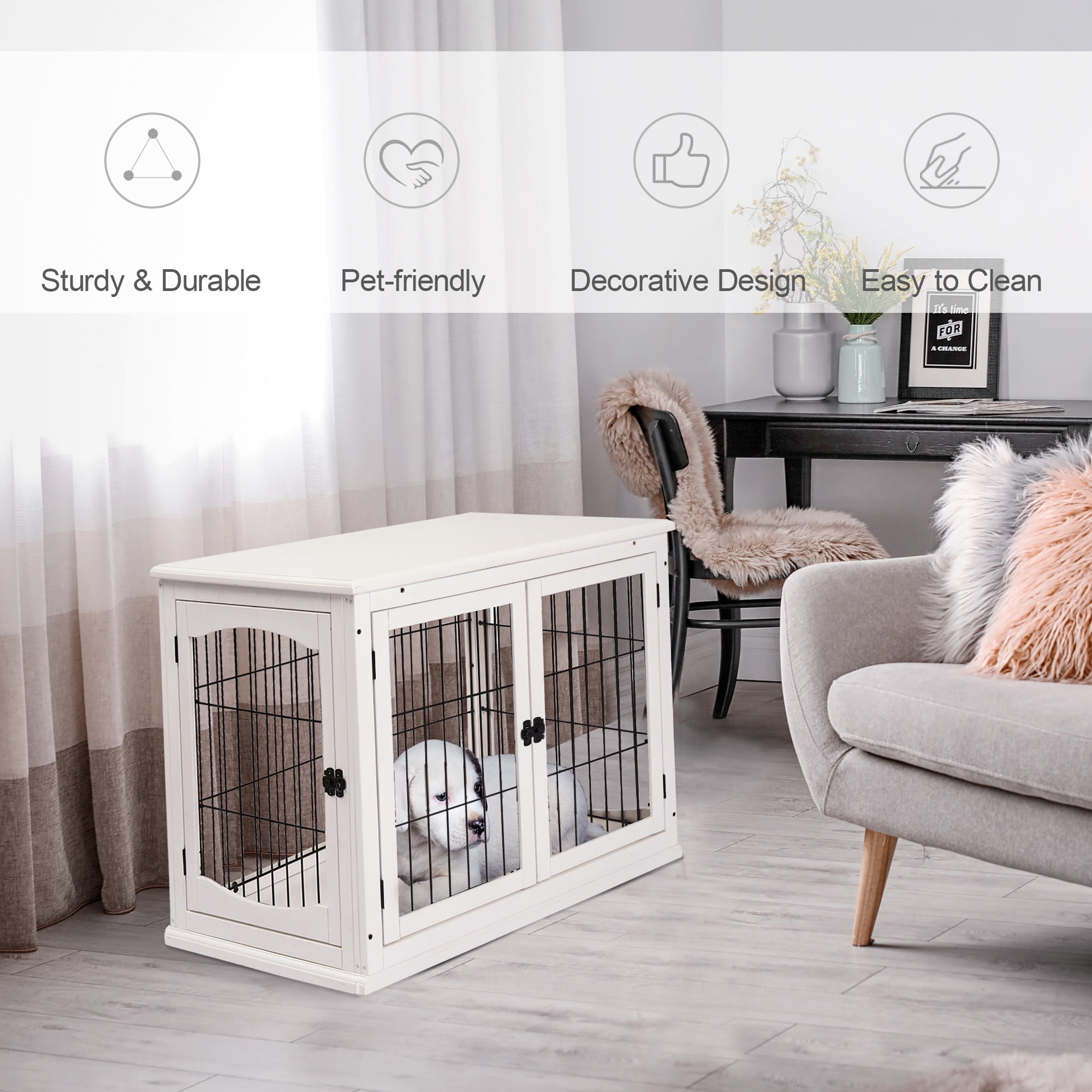 PawHut Dog Crate Furniture, Small Dog Cage End Table with Two Opening Sides, Lockable Door, Puppy Kennel Indoor, Cute and Decorative, Pure White