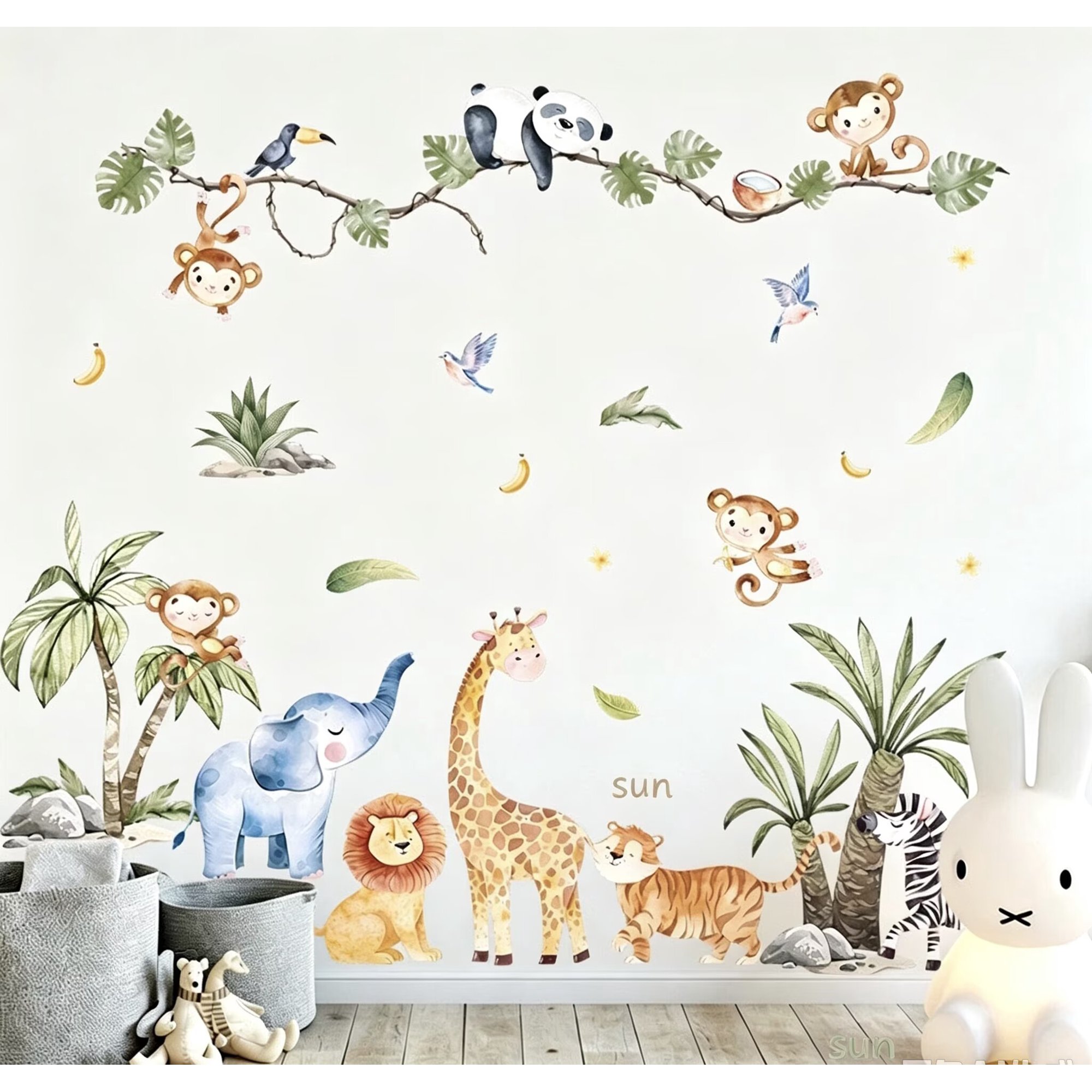 Watercolor Jungle Safari Animal Wall Decal, Safari Nursery Wall Sticker, Giraffe Elephant Lion Panda Monkey Peel and Stick Wall Mural, Kids Room Tropical Wall Decor