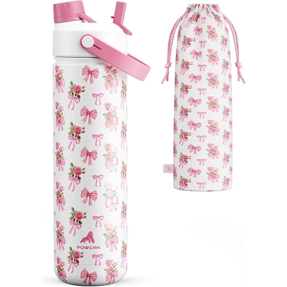 POWCAN 26oz Insulated Stainless Steel Water Bottle, 2-in-1 Straw & Spout Lid, Leakproof, Keeps Cold 24H, Fits Car Cup Holder, Perfect for Gym, Sports, Travel, School & Gift (Rosy Bouquet)