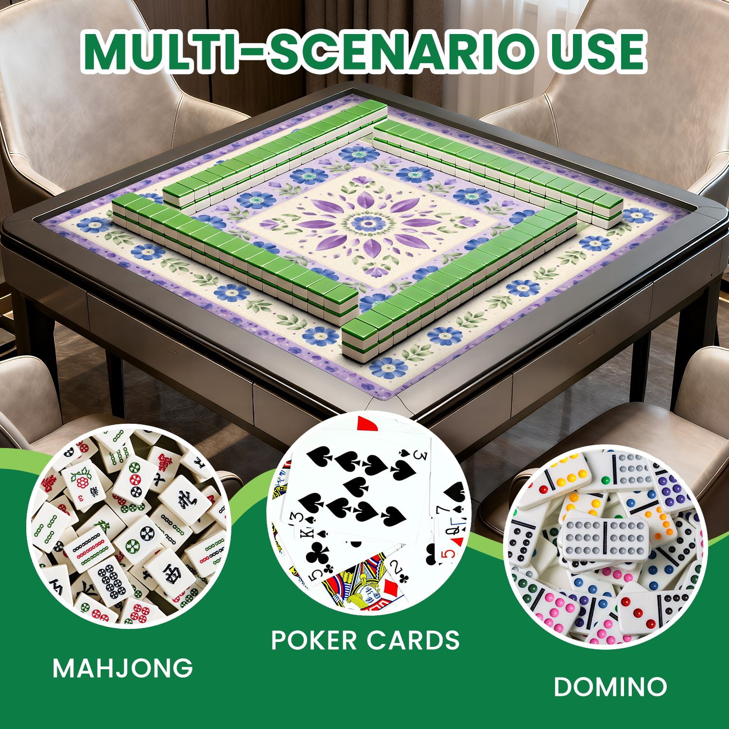 Mahjong Mat 31.5" x 31.5" Floral Geometric Pastel Purple Blue Decorative Borders Non-Slip Noise Reduction Chic Portable Gaming Table Cover for Family Game Night & Gift