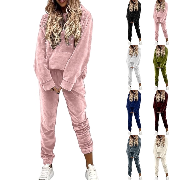 Women's Solid Velvet 2 Piece Tracksuit Hooded Long Sleeve Top and Jogger Pants Casual Outfit Set for Daily Wear, Party and Gathering S-3XL White