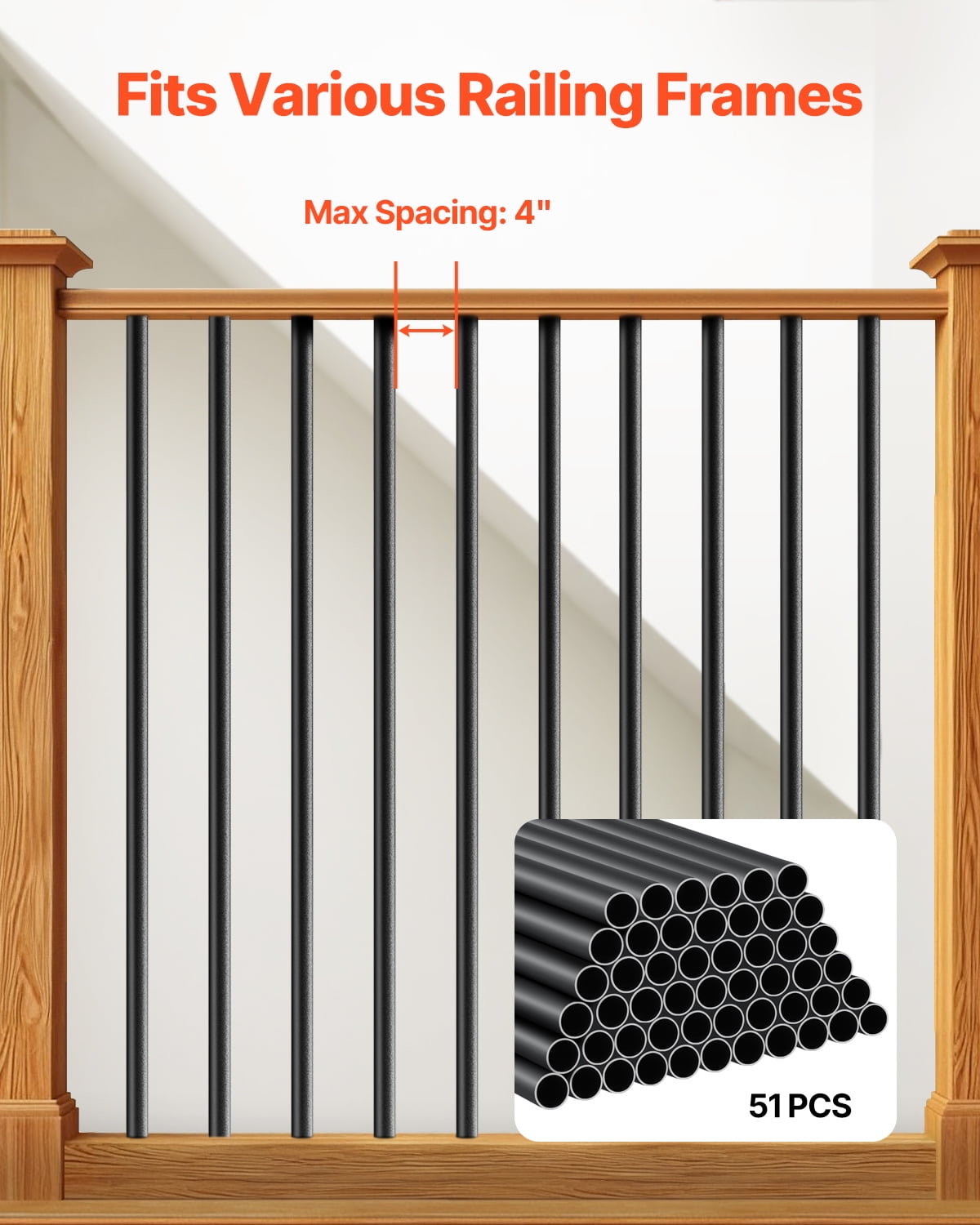 VEVOR Staircase Balusters 51 pack, 26 In Aluminum Stair Balusters, 3/4 In Rainwater-Proof Round Metal Spindle Railing, Durable Hollow Deck Railing with #19 Drill Bit for Stairs, Porch, Patio, Black