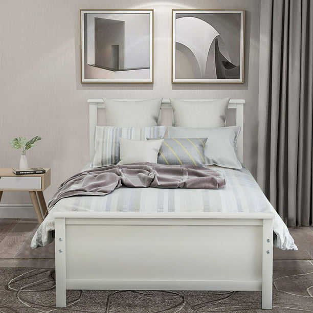 Twin Platform Bed Frame Heavy Duty, White Wood Twin Bed Frame