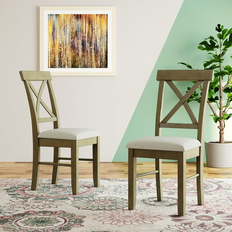 2 Pieces Farmhouse Rustic Wood Kitchen Upholstered X Back Dining Chairs Gray Green Gray
