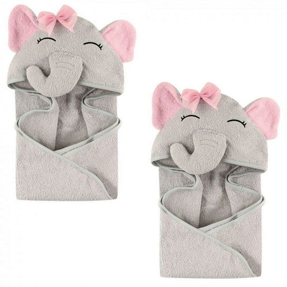 Hudson Baby Infant Girl Cotton Animal Face Hooded Towel, Pretty Elephant 2-Piece, One Size