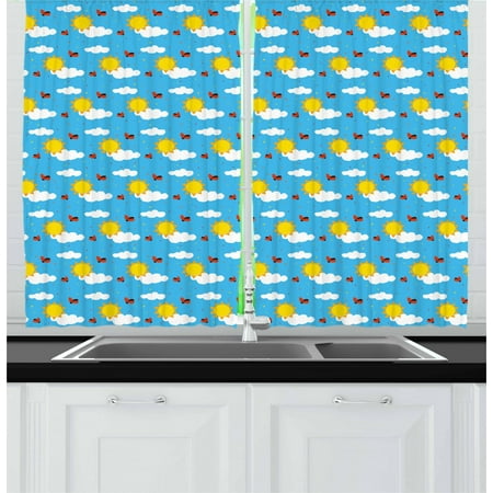 - Kids Curtains 2 Panels Set, Sky Cartoon with Fluffy Clouds Sun Cute Ladybugs Flying Childish Summer Inspirations, Window Drapes for Living Room Bedroom, 55W X 39L Inches, Multicolor, by Ambesonne