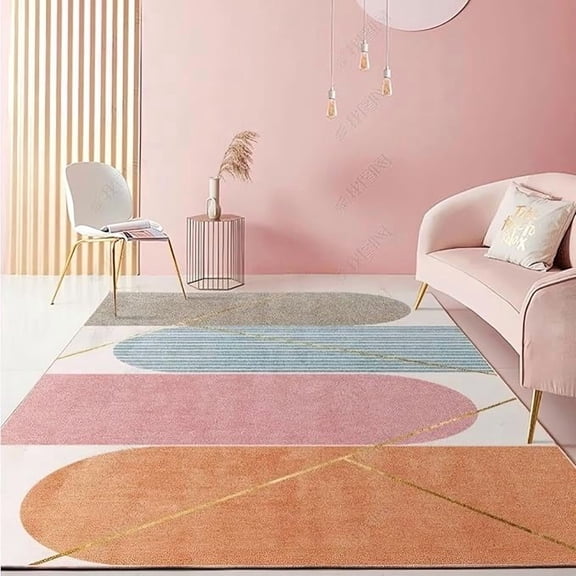 Pink Blue Geometry Area Rug, Feminine Warmth Non Slip Noise Reduction Bedroom Rugs, Easy Care Stain Resistant Carpet for Indoor Living Room Office Decor Mat 5 x 7ft
