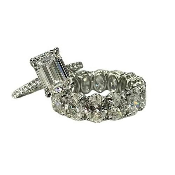 HeartsAndYou 6ct Emerald Cut Moissanite Solitaire Ring Oval Eternity Band Bridal Set 18k White Gold Over Silver