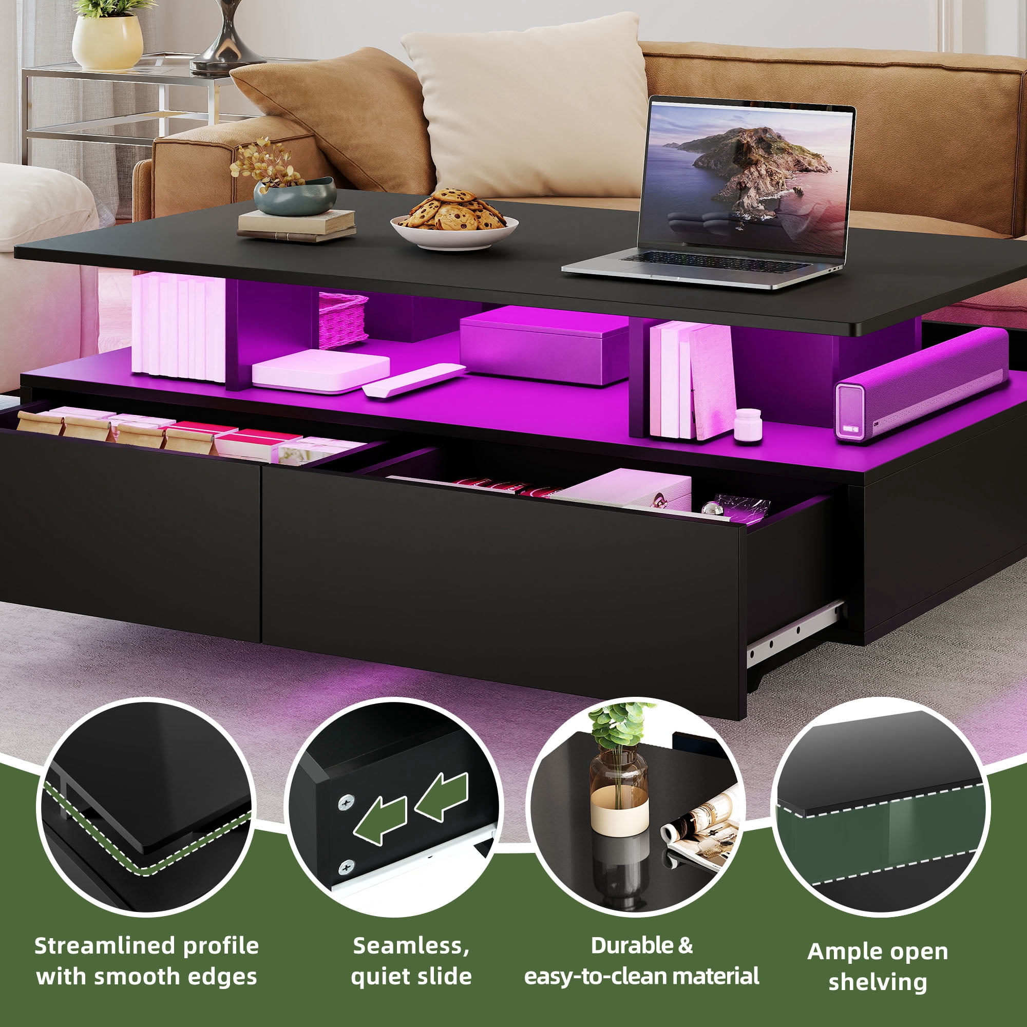 Uforic Modern LED Coffee Table, Center Tables with Storage for Living Room, Black