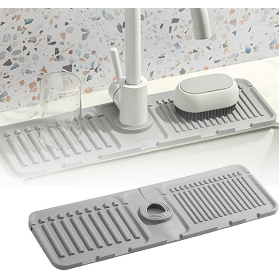 Faucet Mat for Kitchen Sink, Upgraded Silicone Kitchen Sink Splash Guard Draining Mat Fast Drying Stone Sink Tray, Sink Faucet Mat Splash Guard for Kitchen Bathroom Sink 17.5 x 5.5inch (Beige, 1PC)
