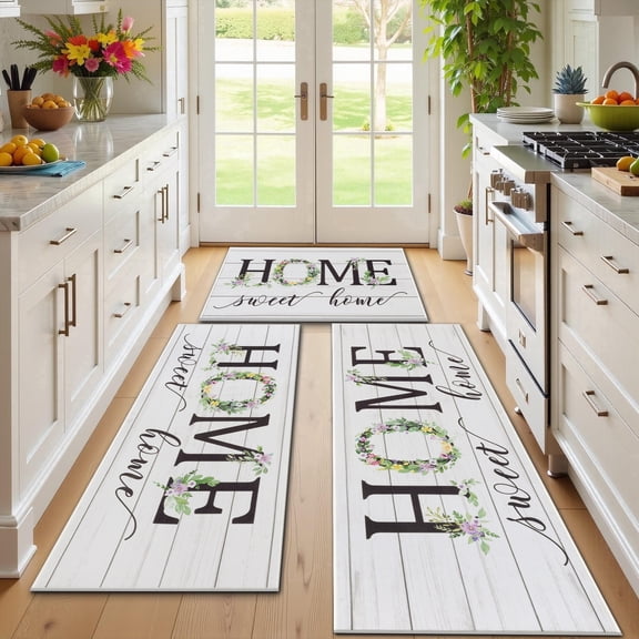 Vaukki Farmhouse Kitchen Rugs Sets of 3, Non Slip Machine Washable Kitchen Mats for Floor, Low Profile Floor Mats for Sink Laundry Room, White