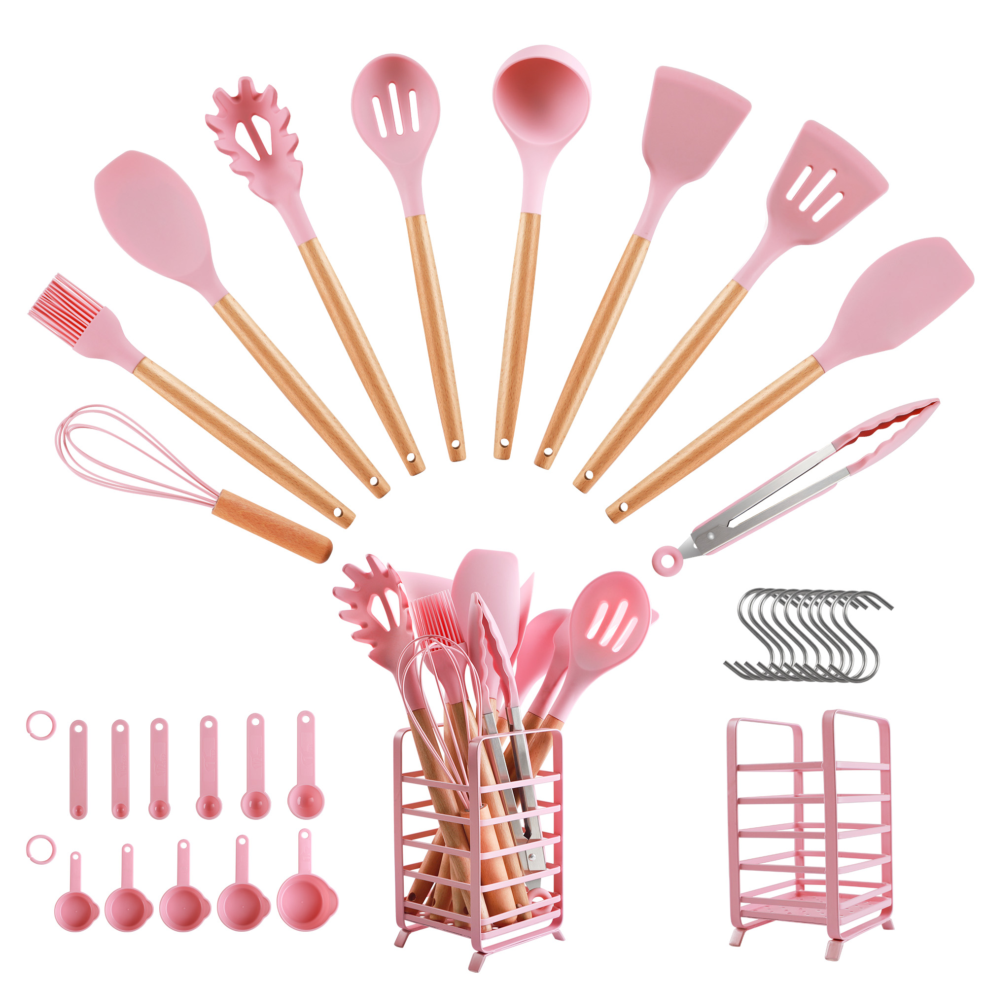 Hecef 32-Piece Silicone Kitchen Utensils Set with Stainless Steel Holder, Pink photo 4