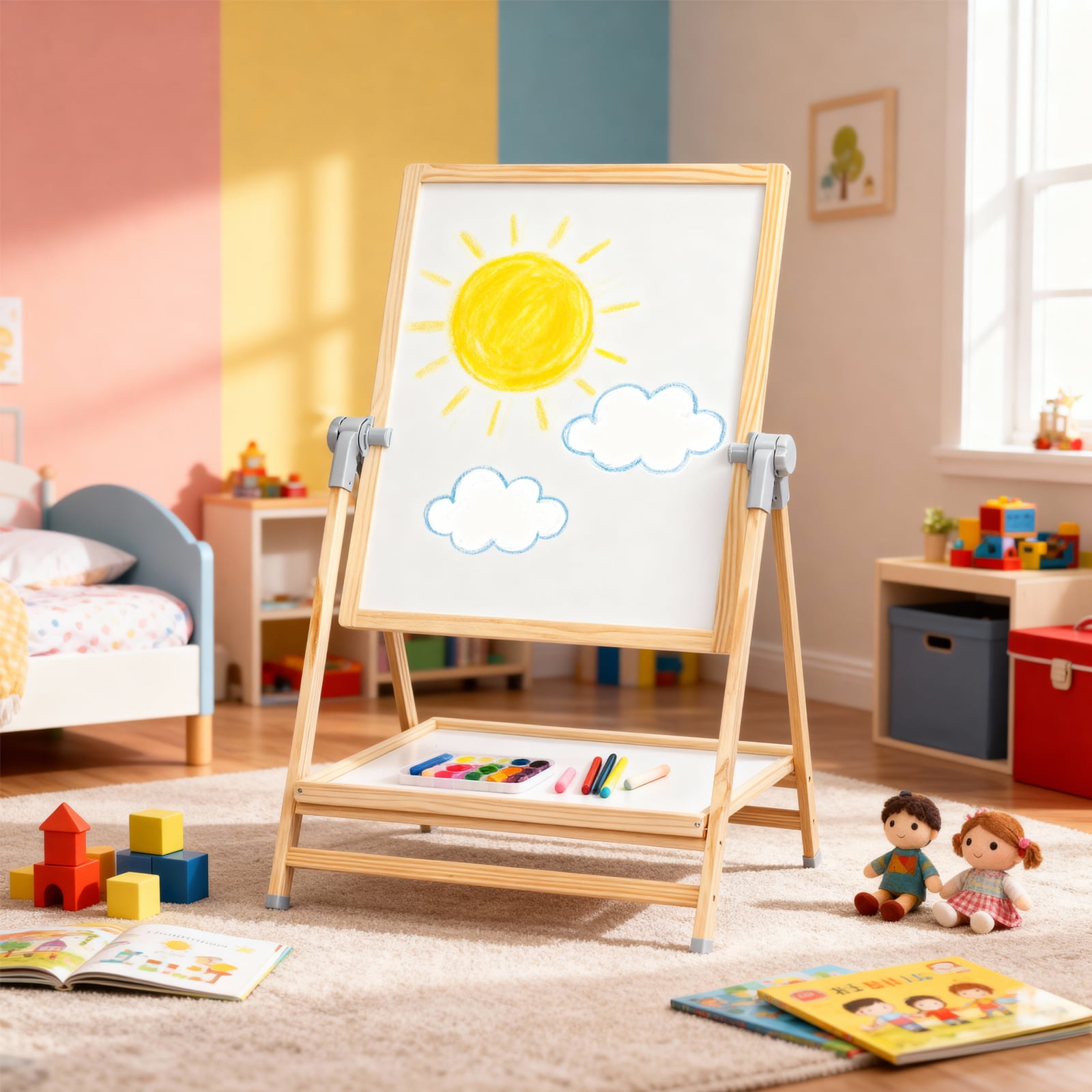 EVGTTI Art Easel for Kids, Adjustable Double-Sided Magnetic Easel, Wooden Kids Art Easel with Shelf, Safe Learning Toy for Boy & Girls