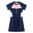 thumbnail image 7 of zdhoor Girls One Pieces Swimsuit Short Sleeve Zip Front Swim Dress Colorblock Swimwear Bathing Suits Dark Blue L, 7 of 7