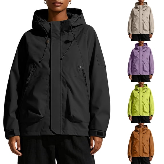 SEMPAI Waterproof Rain Jackets for Women Windproof Jacket Women Hooded Fashion Long Sleeve Coat with Pocket Loose Zipper Sports Suit Black L