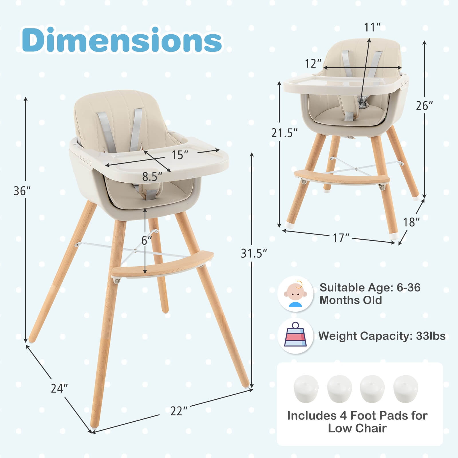 Infans 3 in 1 Convertible Wooden High Chair Baby Toddler w/ Cushion Beige