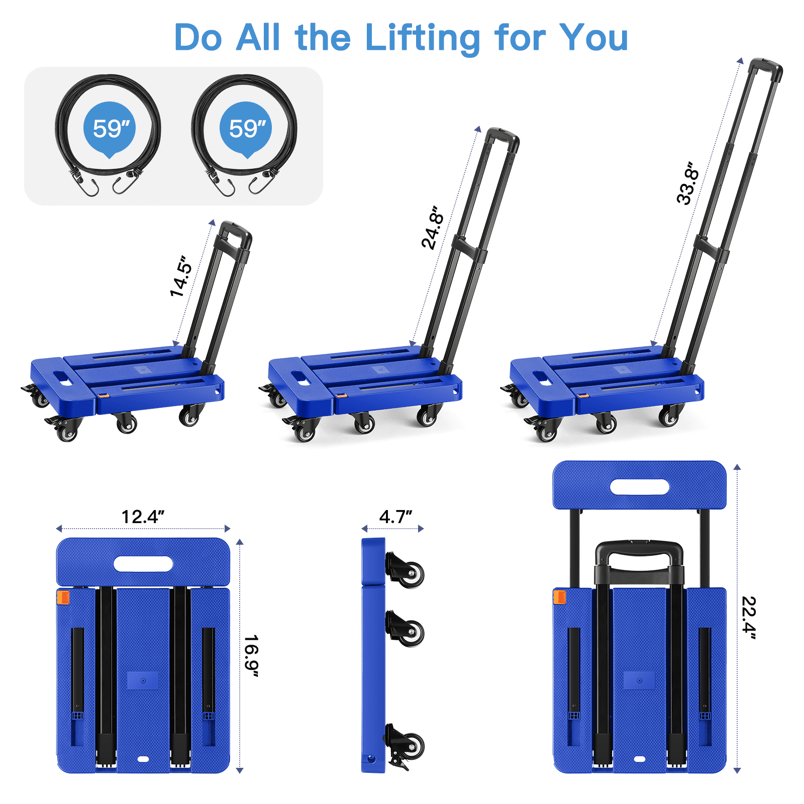 Folding Hand Truck, Heavy Duty Dolly Cart for Moving, 550 LBS Hand Truck With 6 Wheels & 2 Ropes for Luggage, Moving, Shopping, Office Use