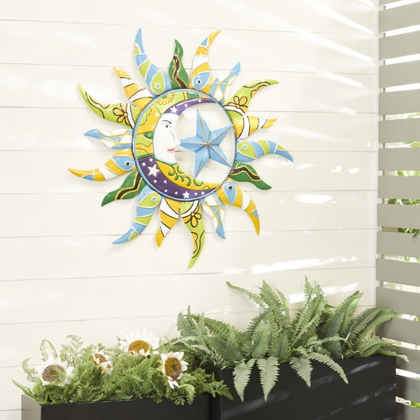 DecMode Multi Colored Metal Indoor Outdoor Sun and Moon Wall Decor with ...