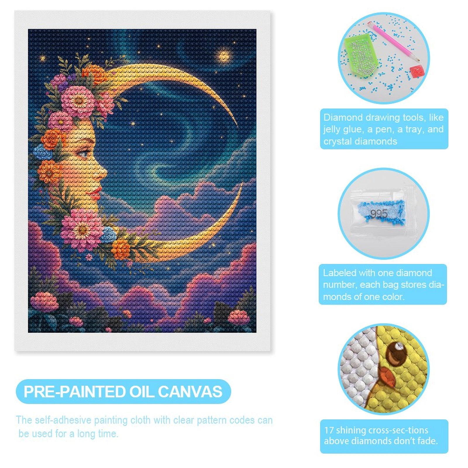 Diamond Art Kits for Adults, Face Moon Flowers Night Sky 5D Diamond Painting Kits for Adults Beginners, DIY Full Drill Diamond Painting, Gem Art and Crafts 12x16