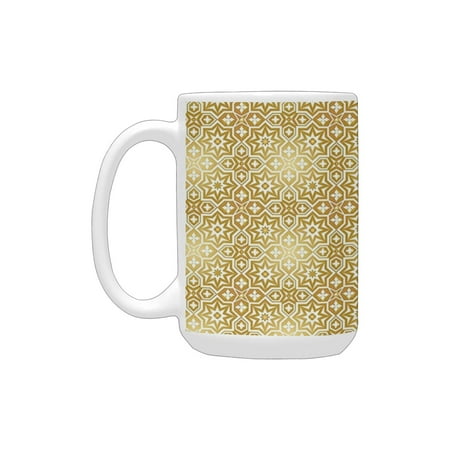 

Golden Vintage 20s Gatsby Party Inspired Geometrical Image with Floral Details Print White and Gold Ceramic Mug (15 OZ) (Made In USA)