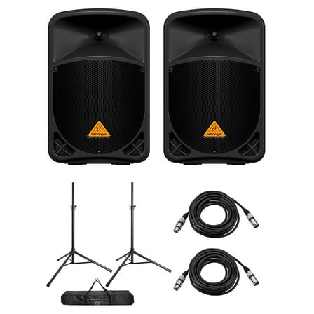 Behringer Eurolive B108D 8" 300W 2-Way Active PA Powered Speaker, Pair, Bundle with Speaker Stands and XLR Cables