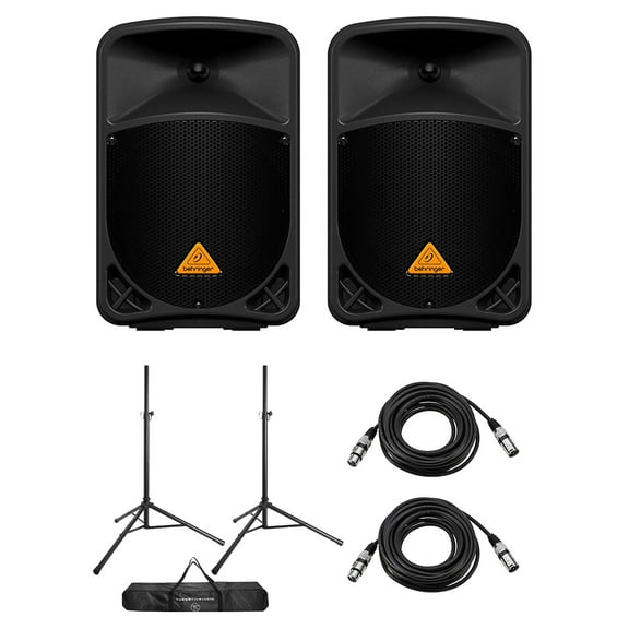 Behringer Eurolive B108D 8" 300W 2-Way Active PA Powered Speaker, Pair, Bundle with Speaker Stands and XLR Cables