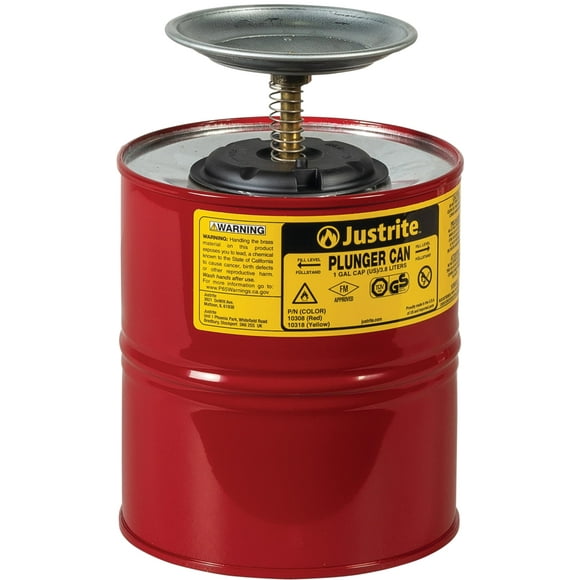 Justrite Plunger Can for Solvents, 1 Gallon Capacity, 10.5" x 7.25" Steel Push-Down Solvent Dispenser Can, Made in The USA Industrial Mechanic Tools, Red, 10308