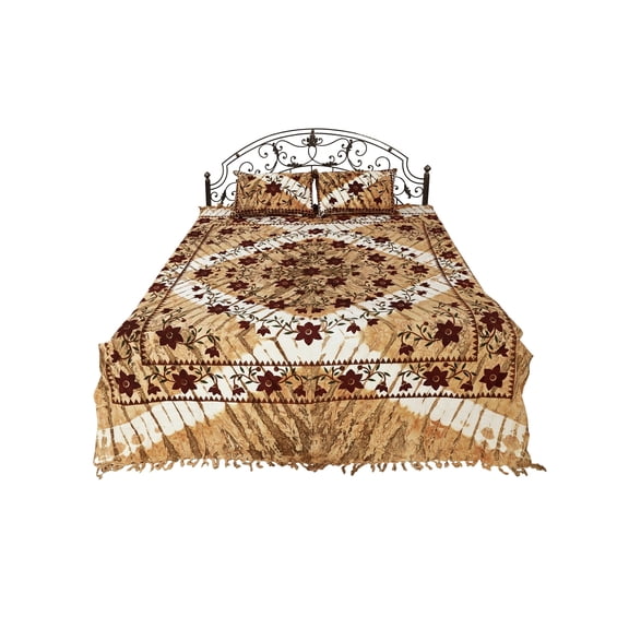 Golden-Glow Batik Dyed Bedspread from Pilkhuwa with Printed Flowers