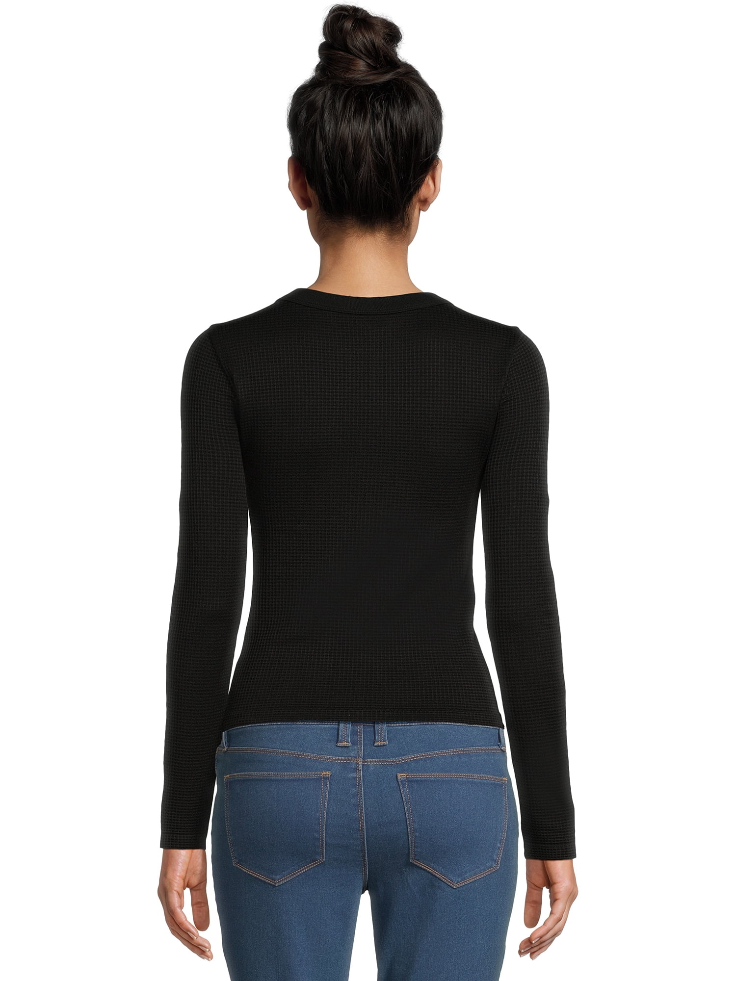 No Boundaries Juniors’ Crewneck Waffle Tee with Long Sleeves, Sizes XS-XXL