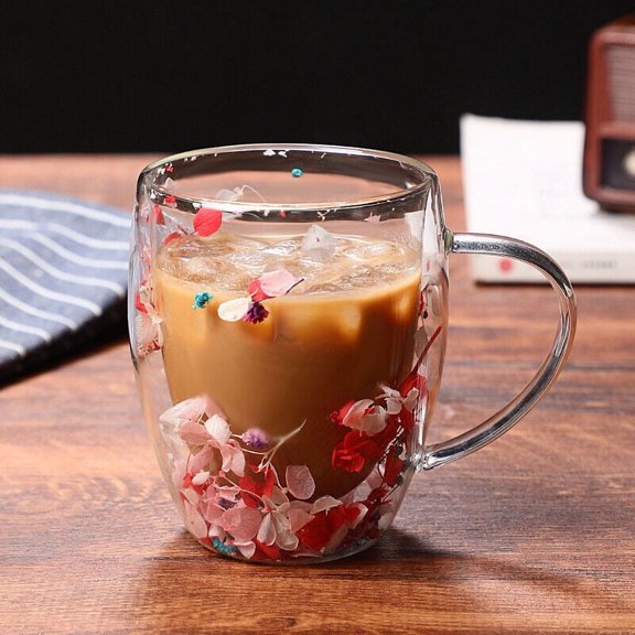WEISIPU Double Wall Insulated Dry Flowers Glass Cup Milk Tea Coffee Mug With Handle
