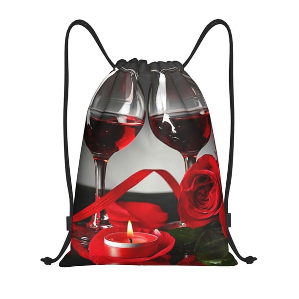 Fotbe Red Wine Rose Bolsa Mochila con Cordón Estampada, Bolsa de Gimnasio Deportiva, Bolsa Cinch, Bolsa con Cordón para Hombres y Mujeres-Medium