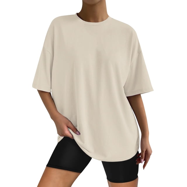MPWEGNP T-Shirt Ample à Manches Courtes pour Femmes, Couleur Unie, Col Rond, Haut d'Été Décontracté, Beige TTG
