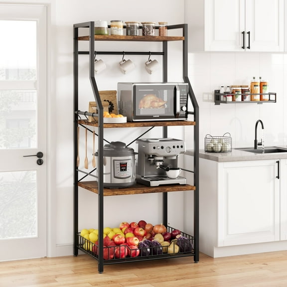 Bakers Rack, Microwave Oven Stand with Large Wire Basket, 4 Tier Utility Storage Shelf with 8 Hooks