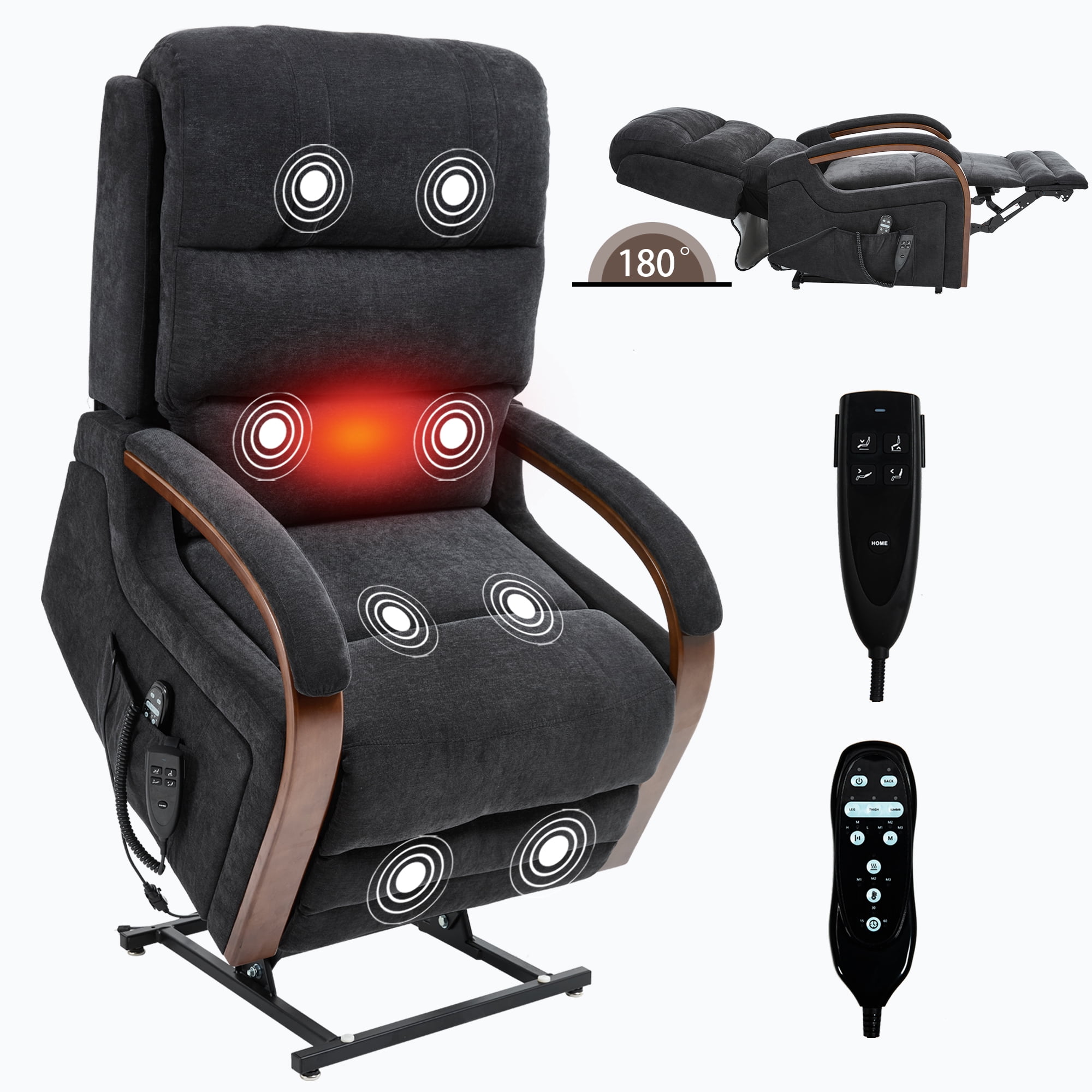 Gewnee Power Lift Recliner Chair with Heat and Massage,Lay Flat Assist Recliner with Side Pocket & Solid Wood Armrest,Lift Chair for Living Room.Black Chenille