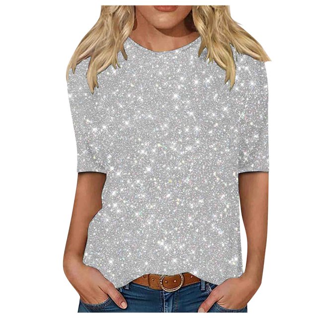 TSADFHJI Hauts de Noël Scintillants pour Femmes Manches Longues Femmes Hauts Adaptés Col Rond Manches Mi-Longues Blouse Imprimée Confortable T-Shirts S Argent