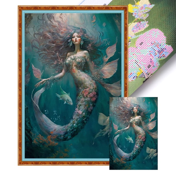 Kit Punto Cruz Sirenas Impresas Hilo Algodón Ecológico Bordado 11CT 50x75cm