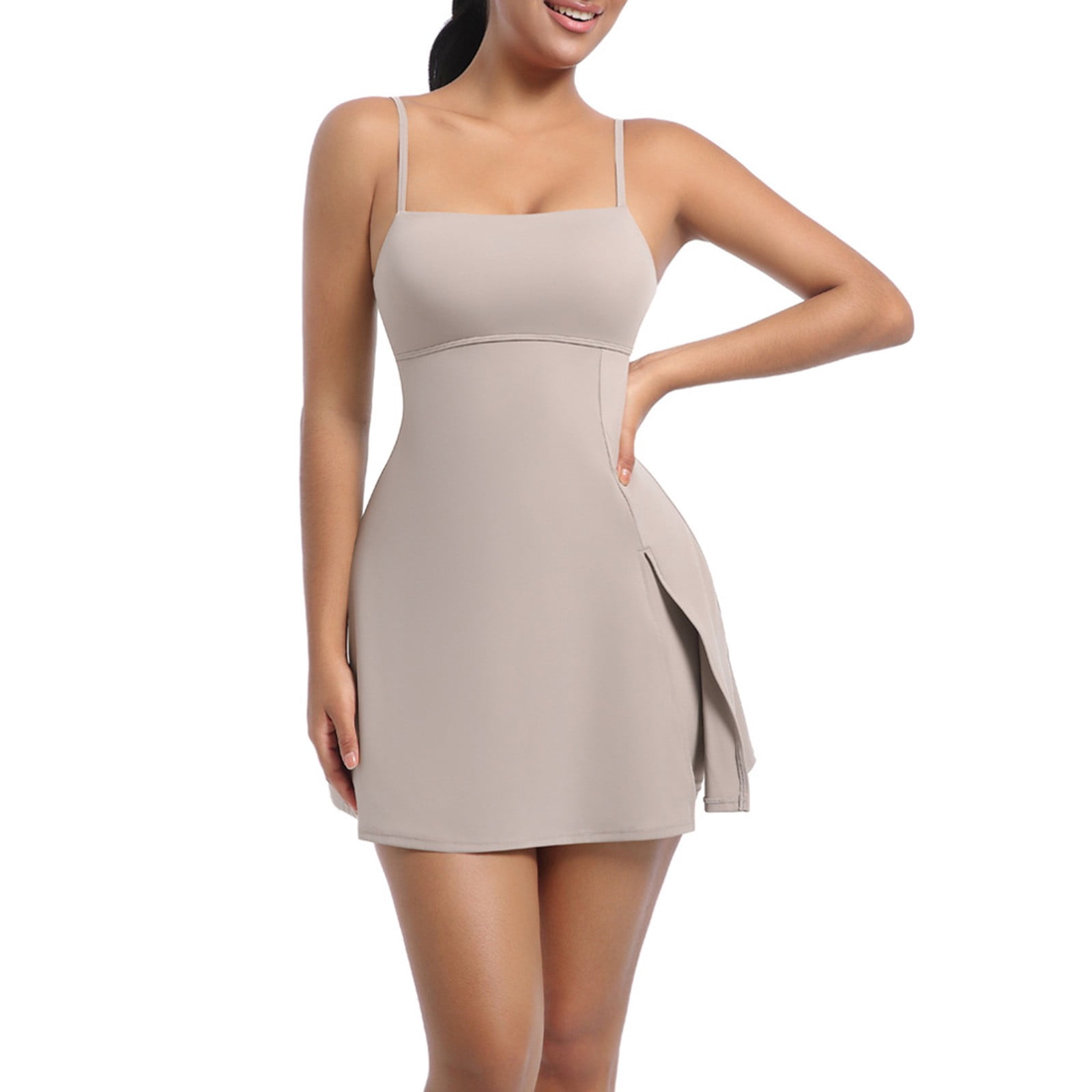 jtjvou Women's Tennis Mini Dresses Workout Golf Athletic Sleeveless Backless Spaghetti Strap Slit Dress with Built in Shorts Khaki S