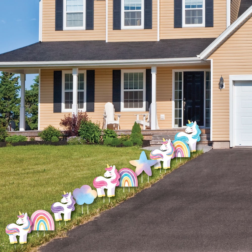 Big Dot of Happiness Unicorn Outdoor Decorations, Rainbow Birthday Party Lawn Ornaments, Unicorn Yard Signs with Stakes - 10 Piece Set