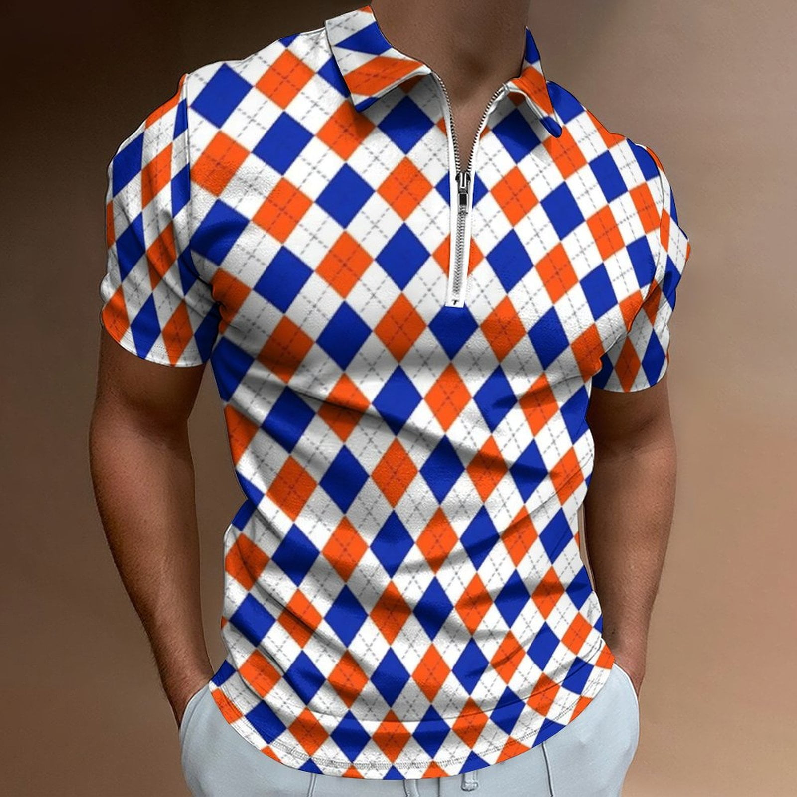 Orange And Blue Traditional Argyle All Over Print Men Zipper T
