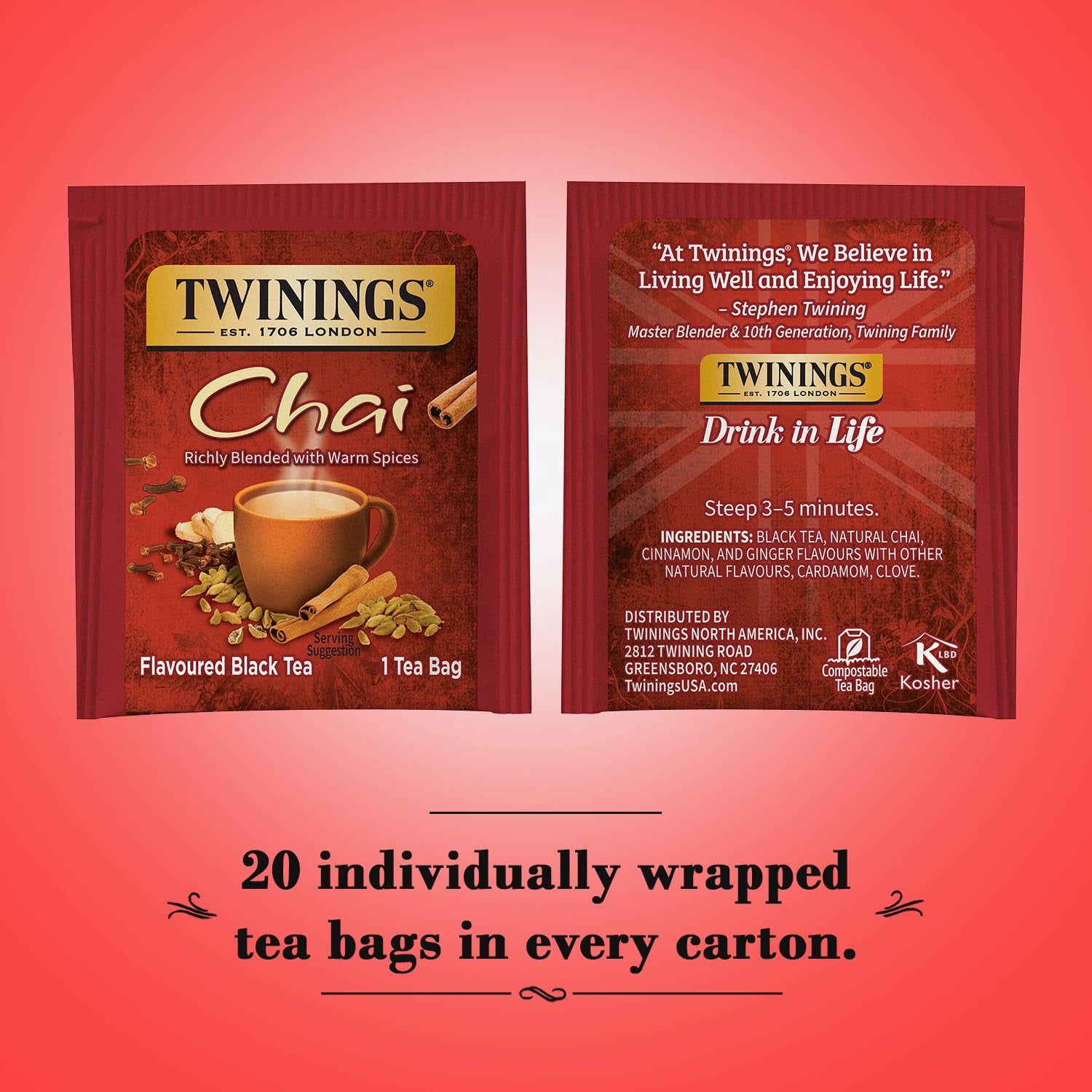Twinings Chai Tea, Caffeinated Black Tea Naturally Flavored with Aromatic Spices and Ginger, Tea Bags Individually Wrapped, 20 Count Ea (Pack of 6)