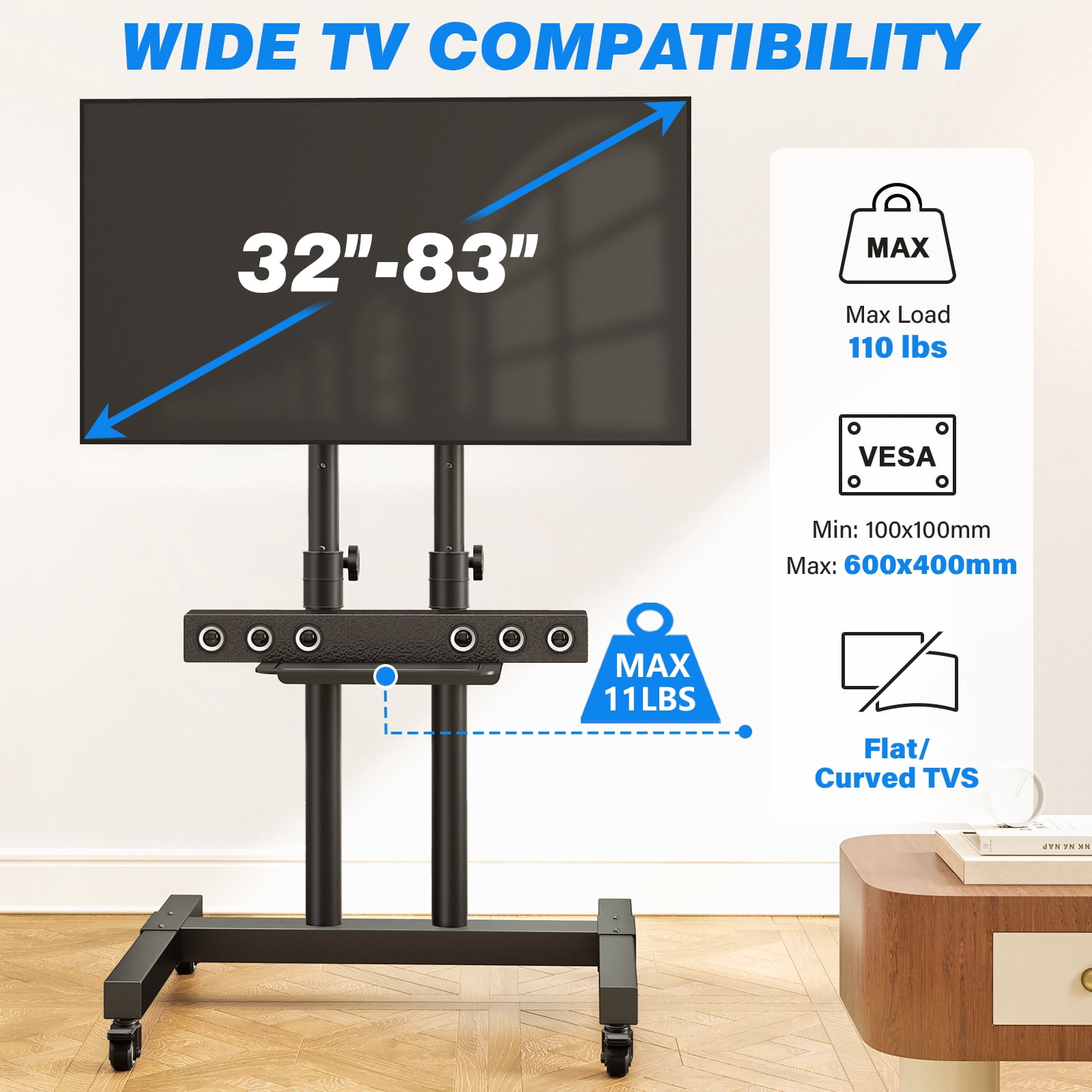 RTVR Rolling Mobile TV Cart Stand with Wheels for 32-83 inch Flat Panel, Adjustable Tall Modern Floor TV Stand, Max VESA 600x400mm