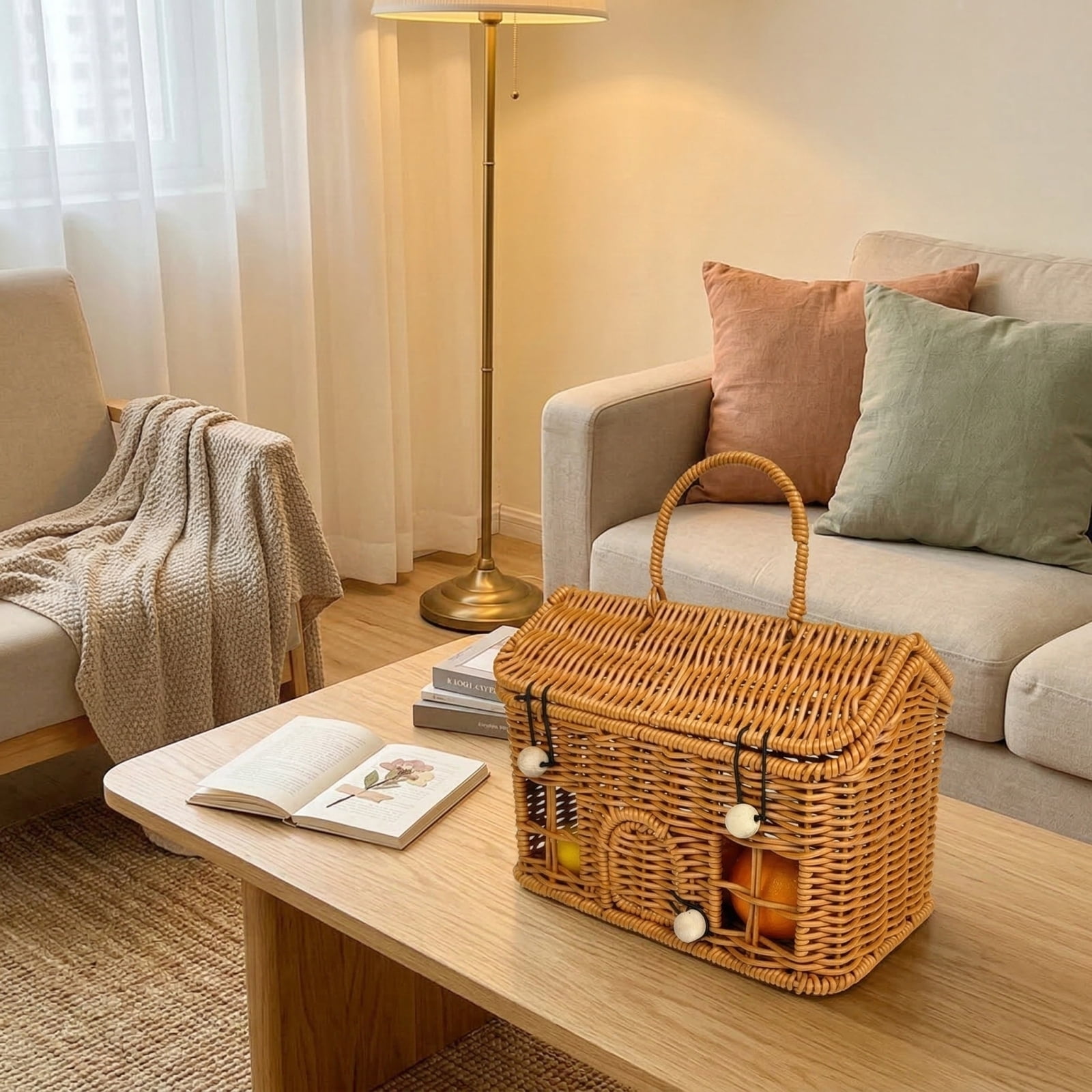 Woven Wicker Easter Basket with Lid and Foldable Handle, Decorative Storage Basket for Home Pantry Organization Picnic and Spring Holiday Decor