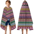 thumbnail image 3 of Purple Boho Tribal Stripes and Hearts Pattern Hooded Bath Towel，50"x30" for Ages 3 To 12 Kids, Quick Dry Lightweight Soft Microfiber Hood Beach Towel Cover Up for Kids, 3 of 7