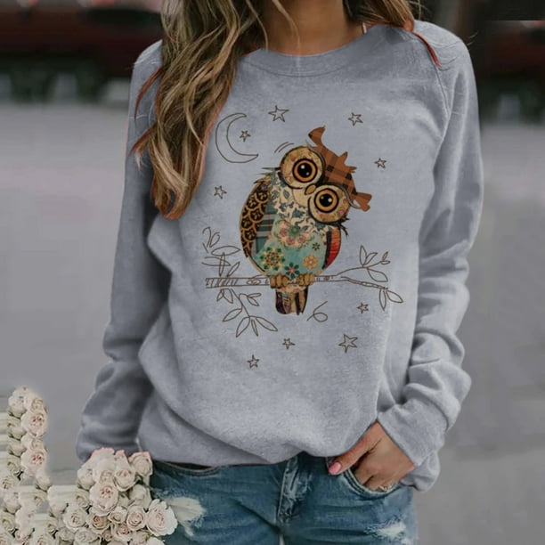 Cute Owl Print Pullover Sweatshirt Long Sleeve Autumn Winter O Neck Loose Fit Women Sweatshirt Outerwear